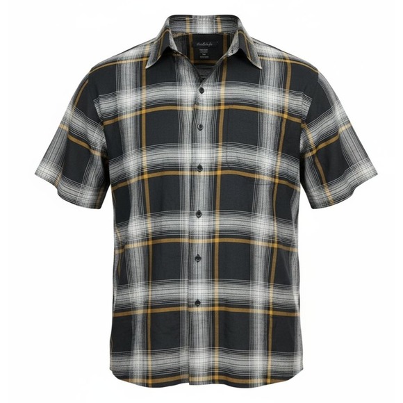 Godbody 3XL Linen Plaid Black Gold Short Sleeve Button Down Camp Shirt Menswear - Picture 1 of 6